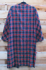 Women's vintage 1960's long label long length plaid tartan print jacket in black and red with gold buttons. Fully lined and has side pockets.