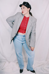 Men's or women's vintage 1970's Designed by Oleg Cassini label long sleeve light grey colored blazer with button closure and front pockets.