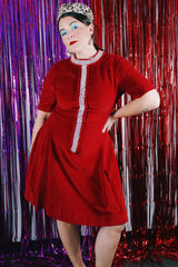 Women's vintage 1970's short sleeve mini length red velvet shift dress.