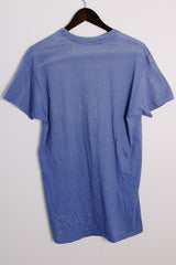 Women's or men's vintage 1980's Hanes Under Colors label short sleeve long length blue Rare Earth band tee in a cotton material.