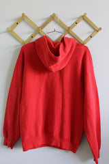 Women's or men's vintage 1980's Russell Athletic, Made in USA label long sleeve red hoodie sweatshirt with red and white graphic on the front of a scorpion from Las Vegas day school.