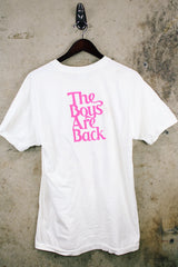 Women's or men's vintage 1990's Fruit of the Loom, Made in USA label short sleeve white Sawyer Brown band tee with multicolored graphic and text on front and back.