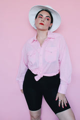 Men's or women's vintage 1970's Rockmount Ranch Wear, Denver CO, Custom Fitted, Made in USA label long sleeve baby pink western style shirt with pearly white silver popper buttons.