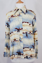 Men's or women's vintage 1970's Christopher Rand long sleeve cream colored polyester material button up shirt with all over farm print.