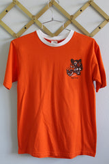 Women or men's vintage 1990's Boy Scouts of America Official Uniform label short sleeve bright orange tee with white trim around neckline and graphic of tigers on left chest.