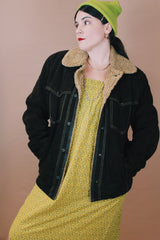 Men's or women's vintage 1970's Towncraft, JCPenny label size large chocolate brown long sleeve suede jacket with shearling liner, popper buttons, and contrast stitching.