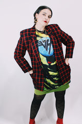 Women's vintage 1980's Casual Corner, Made in USA label black, red, and yellow tartan plaid double breasted blazer.
