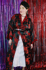 Women's or men's vintage 1990's NK label long sleeve long length black and red reversible robe smoking jacket in a thick silk material.