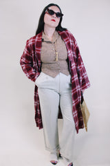 Women's or men's vintage 1950's Beacon label cotton blend material red and white plaid print sleepwear robe with satin trim and two front pockets