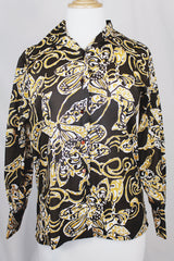 Women's vintage 1970's long sleeve button up blouse with a dagger collar in chocolate brown and tan colored all over abstract print.