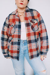 Men's or women's vintage 1970's Stage 2 label size large long sleeve button up shacket in red and blue plaid print. Fleece liner.