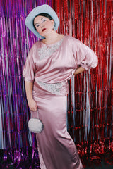 Women's vintage 1980's shiny satin light pink two piece matching set.