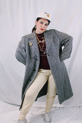 Men's vintage 1970's Metropole Monarch, Man's Shop San Francisco label long length long sleeve black and cream wool chevron trench coat with brown wood buttons.