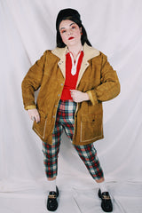 Men's or women's vintage 1960's Jo-O-Kay, Fashions in Leather by Corral Sportswear CO. label long sleeve tan brown suede jacket with cream shearling liner.