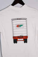 Women's or men's vintage 1990's Tough Tee, Belton, Made in USA label short sleeve white graphic t-shirt with ribbed neck in cotton material.