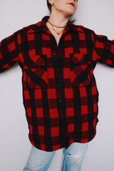 Men's or women's vintage 1960's size large red and black buffalo plaid button up wool shacket. Two chest pockets.