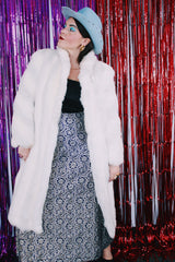 Women's vintage 1980's Avec Tu, A Luxury Fabric bu Glenoit, Union Made, Made in USA label long sleeve long length bright white faux fur coat.