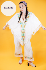 1970's cream colored fringed poncho and pant set with floral and bird embroidery
