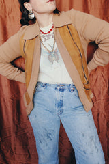 Women's or men's vintage 1970's Challenger, Made in USA label long sleeve camel brown colored zip up cardigan with a collar. Knit with suede trim on the front.