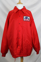 Men's or women's vintage 1980's Swingster, World of Wearables label long sleeve lightweight Nylon red windbreaker with popper buttons up the front, a patch, and furry fleece liner