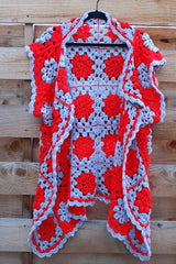 Women's vintage 1970's short sleeve crochet open front sweater with a drapey style in red and grey colors. Soft acrylic material