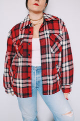 Men's or women's vintage 1970's Sears, The Men's Store label long sleeve button up shacket in size large. All over red and navy plaid print.