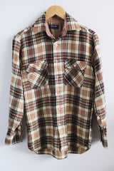 Men's vintage 1970's Arrow Sportswear label size small long sleeve button up shirt in acrylic material. Cream and brown colors with two chest pockets.