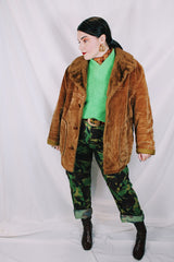 Men's or women's vintage 1970's Towncraft Penneys label long sleeve brown colored corduroy jacket with faux fur trim and liner.