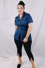 Women's vintage 1970's K Mart, Satisfaction Always, Made in Japan label navy blue shirt with dagger collar, silver popper buttons, and lots of pockets.