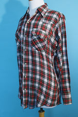 Men's vintage 1970's Washington Dee-Cee Western Wear, Made in USA label long sleeve button up plaid shirt with pearl silver snap buttons. Western style in white, red, and green colors.