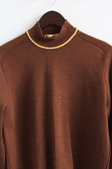 Men's or women's vintage 1960's Jantzen Limited, Made in USA label long sleeve brown colored wool material pullover sweater with a mock neck