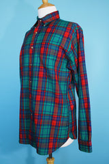 Men's vintage 1980's Pendleton, Made in USA label long sleeve button up plaid print shirt in red, blue, and green and a wool material.