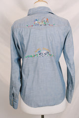 Women's vintage 1970's Sears JR Bazaar label long sleeve button up top in blue denim chambray.