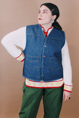 Men's vintage 1970's Roebucks, Sears label size XL sleeveless dark denim vest with cream shearling liner and popper buttons.
