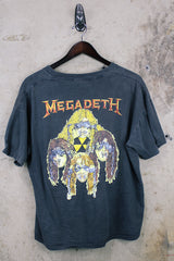 Men's or women's vintage 1991 The Brockum Group, Made in USA label black short sleeve Megadeth band tee with multicolored graphic on front and back.