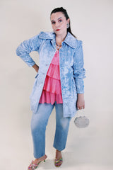 Women's vintage 1970's long sleeve long length pale blue crushed velvet jacket. Puff sleeves and matching tie belt.
