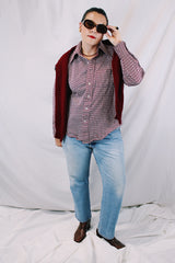 Men's or women's vintage 1970's Arrow Knits label long sleeve button up shirt with dagger collar and chest pocket. Polyester material in white with all over maroon colored print.