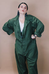 Men's vintage 1980's Men's Coveralls Type 1 label size XL long sleeve army green one piece jumpsuit with button closure and pockets in cotton material.