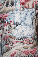 Women's vintage 1970's Lady Arrow label long sleeve half button closure tunic blouse with an all over pin, blue, and grey novelty print.