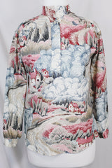 Women's vintage 1970's Lady Arrow label long sleeve half button closure tunic blouse with an all over pin, blue, and grey novelty print.