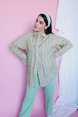 Men's or women's vintage 1960's The Crescent Spokane, Gant Shirtmakers label long sleeve cotton material button up shirt with yellow, green, and peach vertical stripes.