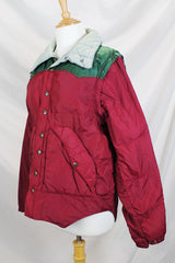 Women or men's vintage 1980's Powderhorn Mountaineering, Jackson Hole, Wyoming, USA label long sleeve puffer jacket in maroon and green.