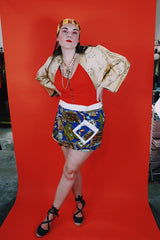 Women's vintage 1970's Go Barefoot Paradise, Honolulu, Hawaii label mini length wrap skirt in white towel material with cotton Hawaiian print fabric on top