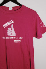 Women's or men's vintage 1980's Ched, Quality Knits by Anvil, Made in USA label magenta pink short sleeve tee with white graphic on front and on sleeve in a polyester and cotton material.