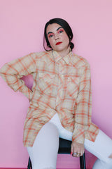 Men's or women's vintage 1970's long sleeve plaid print Western style shirt with pearl white snapper buttons and silver hardware. Light green, coral, yellow, and gold metallic colors.