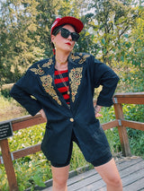 long sleeve oversized black cotton jacket with gold embroidery and bead details women's vintage 1980's