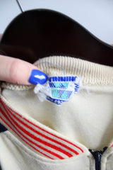 Men's or women's vintage 1970's Ways label long sleeve zip up soft sweater track jacket in cream, navy, and red colors.