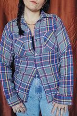 Men's or women's vintage 1970's Big Mac label long sleeve plaid button up flannel shirt in blue, grey, red, and yellow with white buttons.