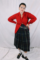 Men's vintage 1960's Hagen, Made in Levin, New Zealand label long sleeve red cotton button up shirt with small collar and one pocket.