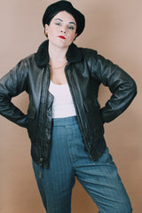 Men's vintage 1960's Jacket, Flyer's, Intermediate Type G-1 (from the Vietnam War) size medium chocolate brown zip up bomber leather jacket with faux fur trim collar.